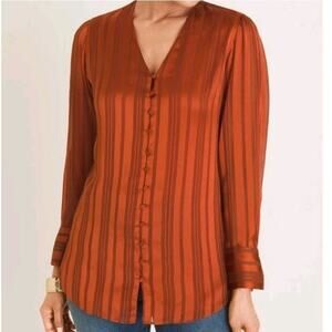 Chico's Orange Satin Striped Button‎ Up Long Sleeve Scarf Tie Blouse Size 8